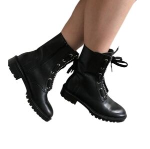 ZARA  Black Leather Lace Up Studded Boots With Side Zip Size 39 (8.5)